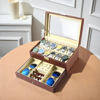 Boîte À Montre 12 Slots En Cuir avec Tiroir
