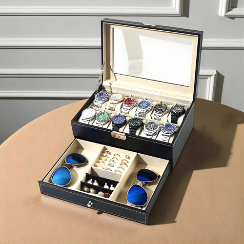 Boîte À Montre 12 Slots En Cuir avec Tiroir