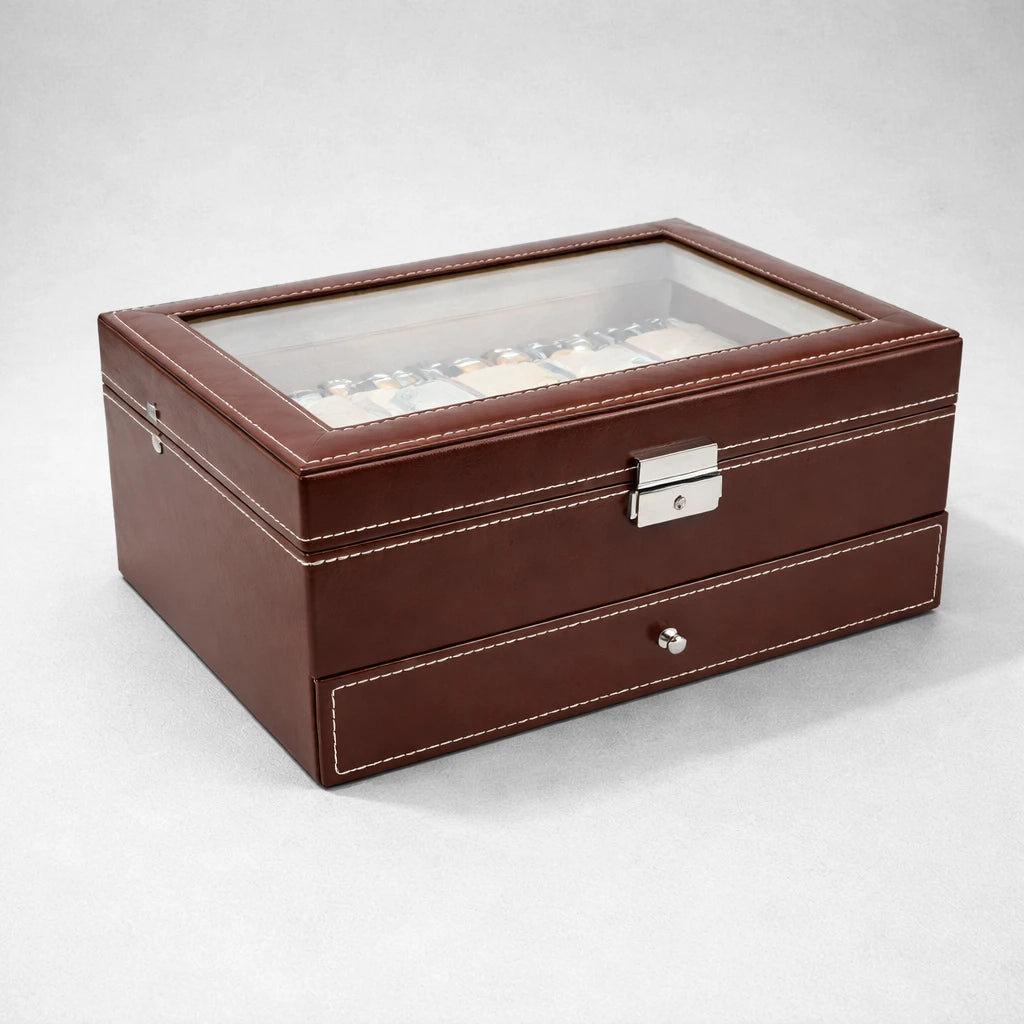 Boîte À Montre 12 Slots En Cuir avec Tiroir