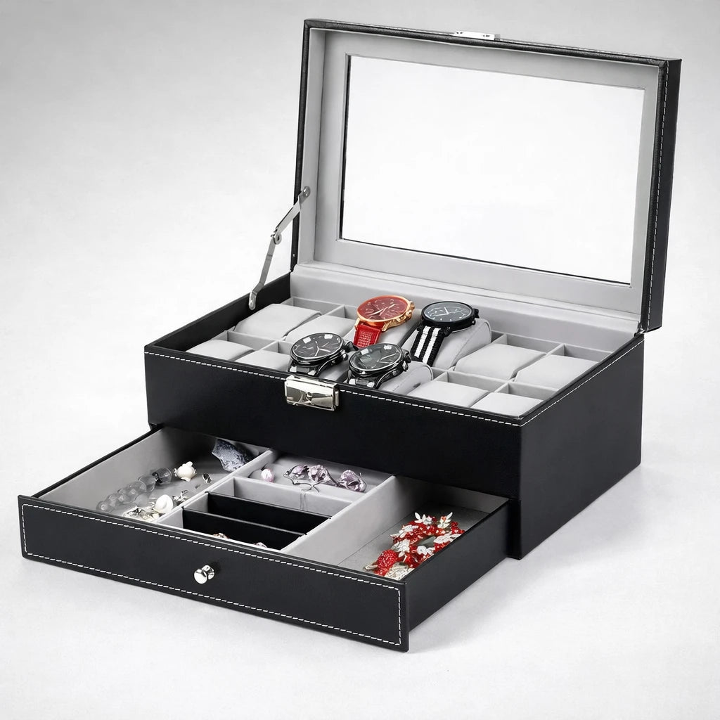 Boîte À Montre 12 Slots En Cuir avec Tiroir