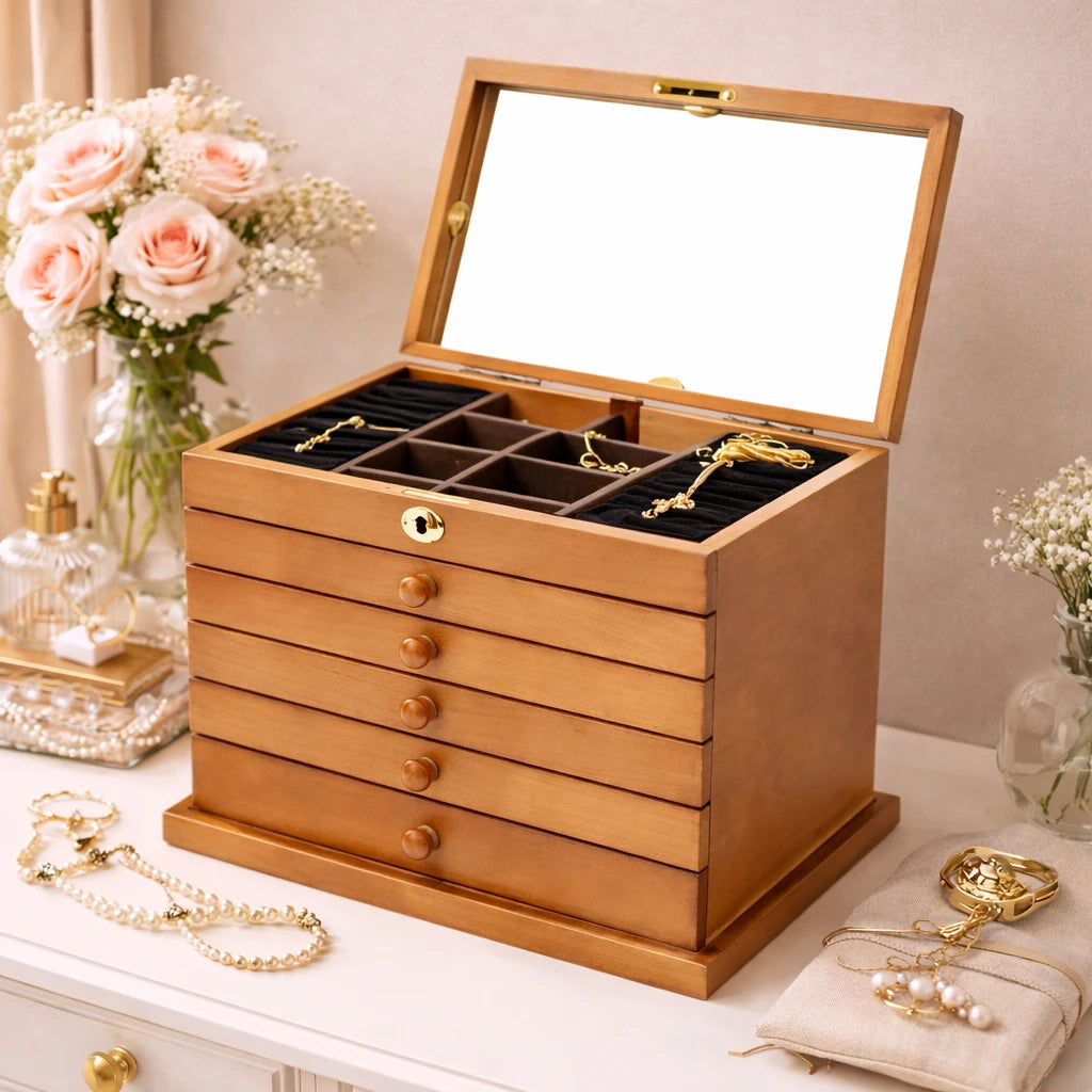 Grande boîte À Bijoux En Bois 6 Tiroirs