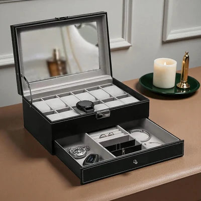 Boîte À Montre 12 Slots En Cuir avec Tiroir